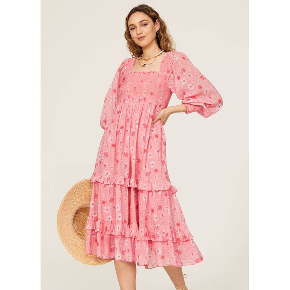 LoveShackFancy Dresses & Skirts - LoveShackFancy Miri Dress Tired Midi Puff Sleeves Smocked Size M